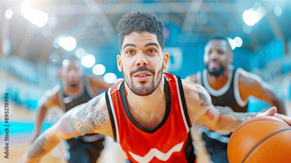 Basketball player in action during a competitive game. Intense athletic moment showcasing sport dynamics and teamwork. Captivating scene of sportsmanship Basketball player in action during a competitive game. Intense athletic moment showcasing sport dynamics and teamwork. Captivating scene of sportsmanship