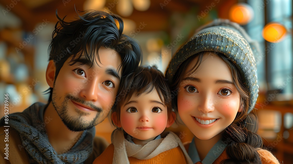 Portrait of a Korean family with parents and their young toddler kid at happy home Portrait of a Korean family with parents and their young toddler kid at happy home