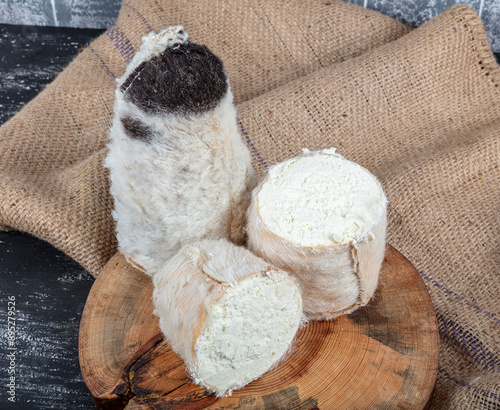 Goats Milk Cheese Tulum Cheese. Tulum cheese is a traditional Turkish goats milk cheese ripened in a goatskin casing. Local name obruk peyniri, Tulum peyniri. photo