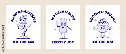 Set of retro cartoon ice cream mascot posters. Vector illustration. Fast food character. Summer cafe