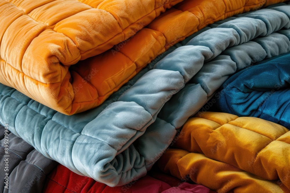 Obraz premium Soft blankets in a variety of colors. This image can be used to advertise a cozy, warm, and comfortable bed for a hotel or bedroom.