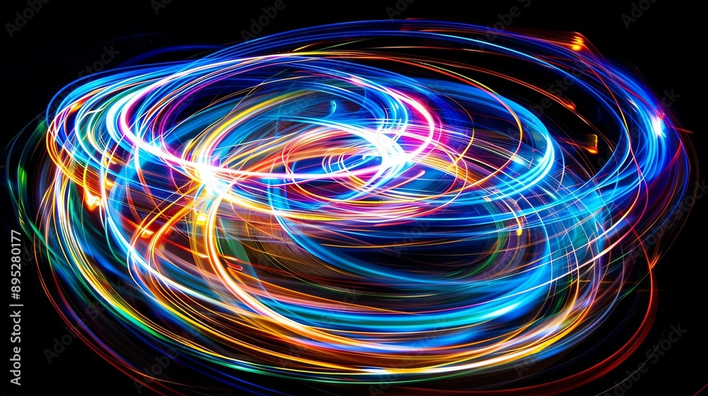 Vibrant abstract light trails creating colorful swirls and patterns on a dark background. Perfect for creative designs and artistic projects.