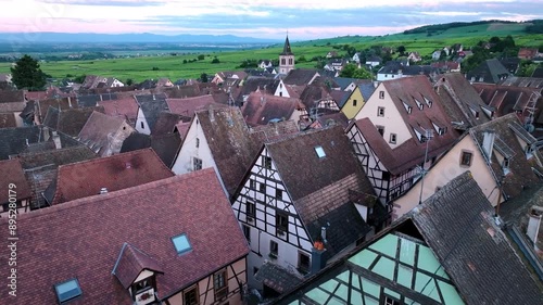 The Historic Town Of Riquewihr In France, Aerial View At Sunset