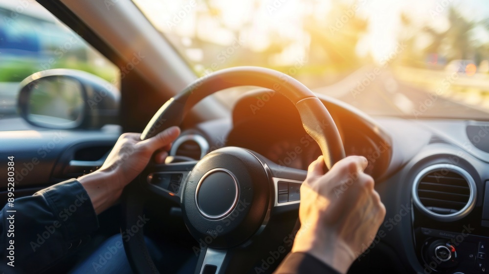 Close-Up of Hands Gripping Steering Wheel in a Car Close-Up of Hands Gripping Steering Wheel in a Car