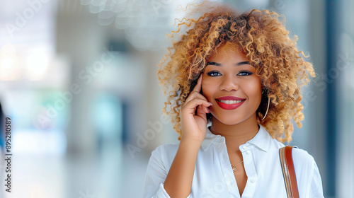 Smiling woman talking on the phone. Happy young woman with curly hair smiling while making a phone call in a bright modern setting. Cheerful engaged communication in a professional environment