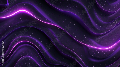 Vibrant purple wave design with neon light streaks and sparkles against a dark backdrop