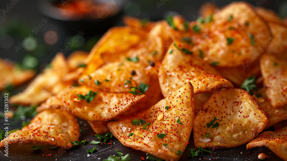 Close-Up of Spicy Sriracha-Flavored Potato Chips with Crispy Texture and Fiery Red Seasoning Close-Up of Spicy Sriracha-Flavored Potato Chips with Crispy Texture and Fiery Red Seasoning