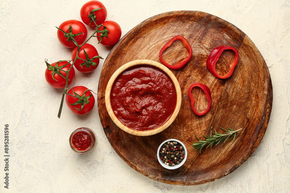 Tray with bowl of tasty tomato paste, spices and fresh vegetables on light background Tray with bowl of tasty tomato paste, spices and fresh vegetables on light background