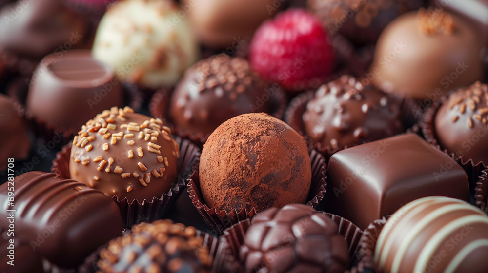 Close-Up of Artisanal Handcrafted Chocolates with Intricate Designs and Rich, Velvety Textures Close-Up of Artisanal Handcrafted Chocolates with Intricate Designs and Rich, Velvety Textures