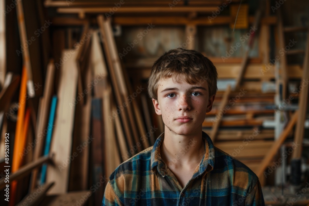 Obraz premium Portrait of a young Caucasian male carpenter in workshop