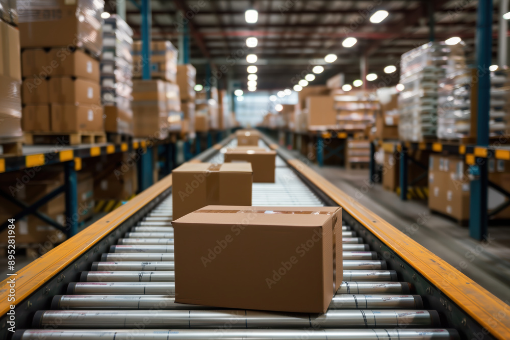 Packages on a conveyor belt in a fulfillment center. Generative AI Packages on a conveyor belt in a fulfillment center. Generative AI