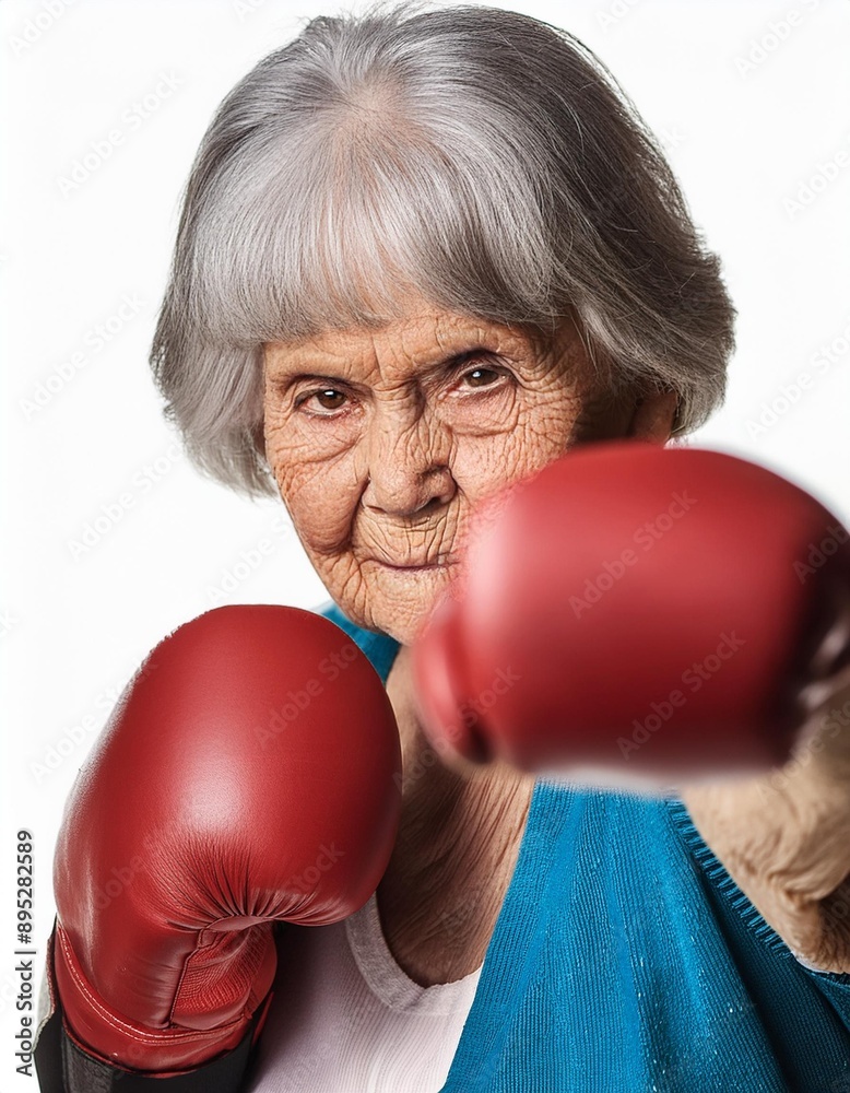 An aged woman, wearing boxing gloves, adopts an intimidating stance against a plain white background. An aged woman, wearing boxing gloves, adopts an intimidating stance against a plain white background.