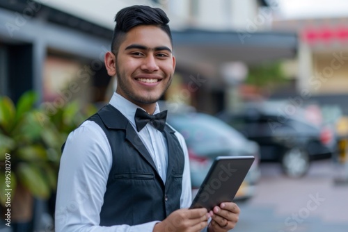 Portrait of a young smiling male Hispanic valet photo