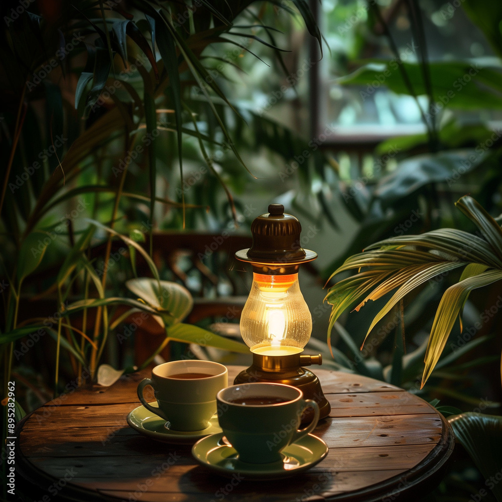 two cup of caffee in a green brushes tropican greenhouse café two cup of caffee in a green brushes tropican greenhouse café