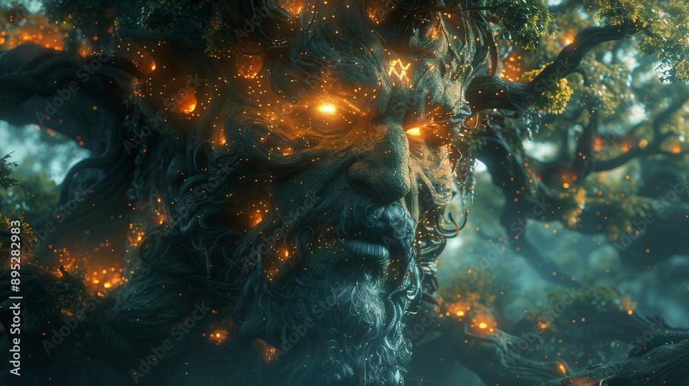 Fototapeta premium Mystical Tree Spirit Character with Branches Adorned in Glowing Runes and Shimmering Leaves in a Magical Forest Setting