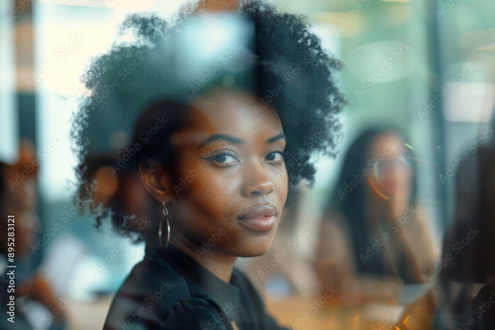 Obraz premium Young black businesswoman in focus during a office meeting