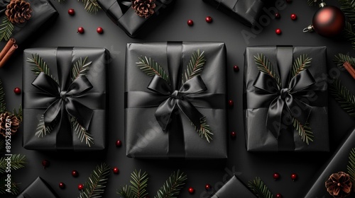 Stylish black wrapped gifts with pine decor - generative ai photo