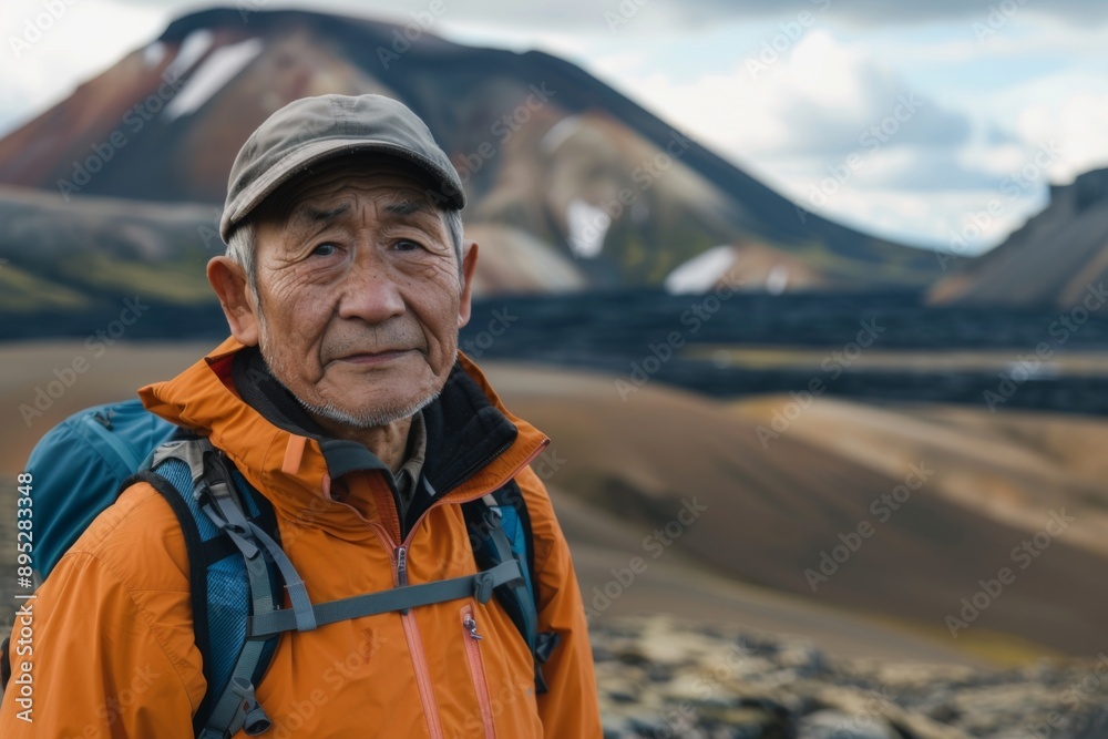 Portrait of a middle aged Asian man hiking in volcanic landscape
