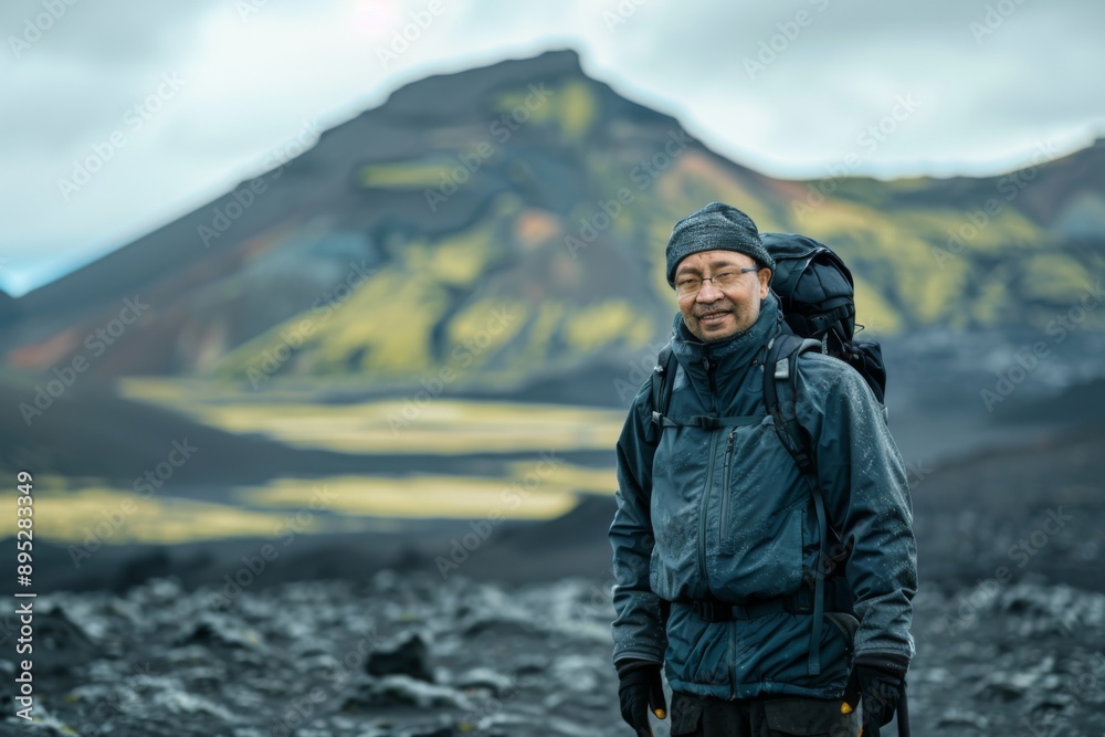 Portrait of a middle aged Asian man hiking in volcanic landscape Portrait of a middle aged Asian man hiking in volcanic landscape