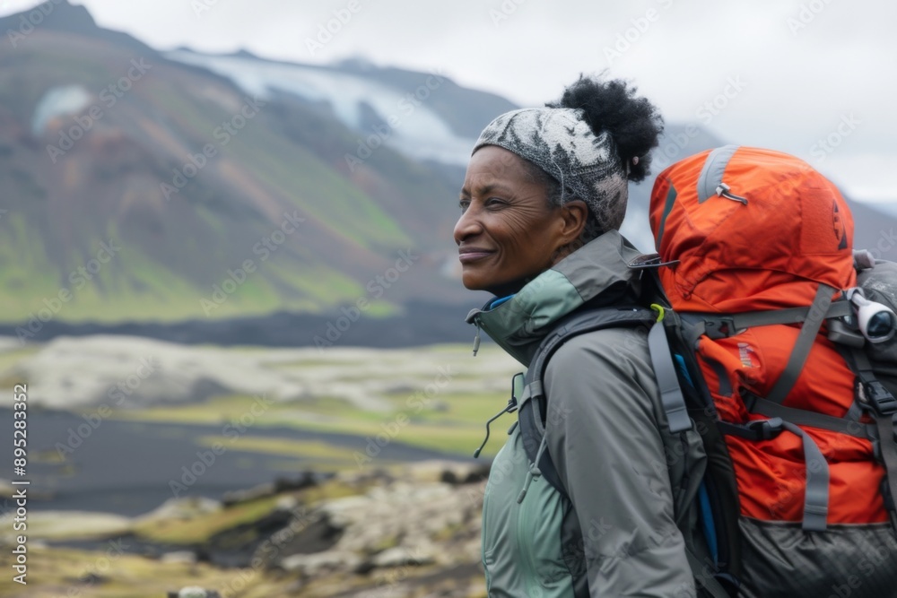 Portrait of a middle aged black woman hiking in volcanic landscape Portrait of a middle aged black woman hiking in volcanic landscape