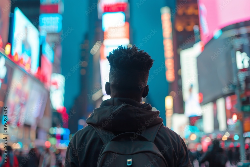 View of a young man facing away in blurred times square View of a young man facing away in blurred times square