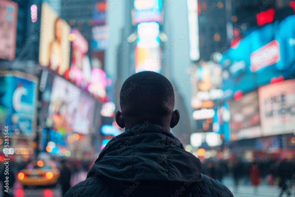 View of a young man facing away in blurred times square View of a young man facing away in blurred times square