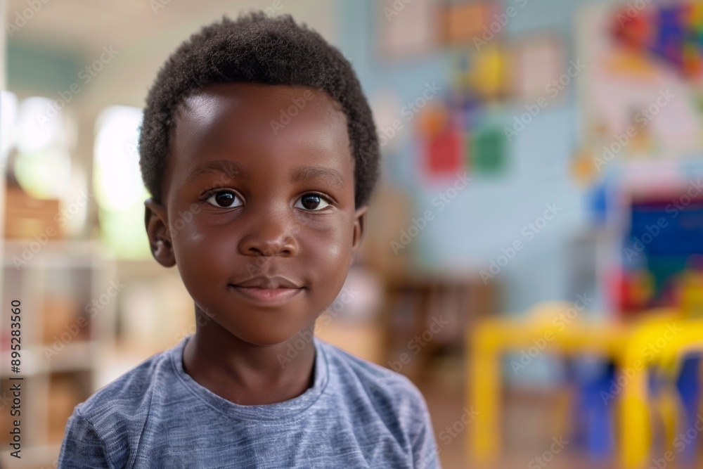 Cute little boy in blurred classroom looking at camera Cute little boy in blurred classroom looking at camera