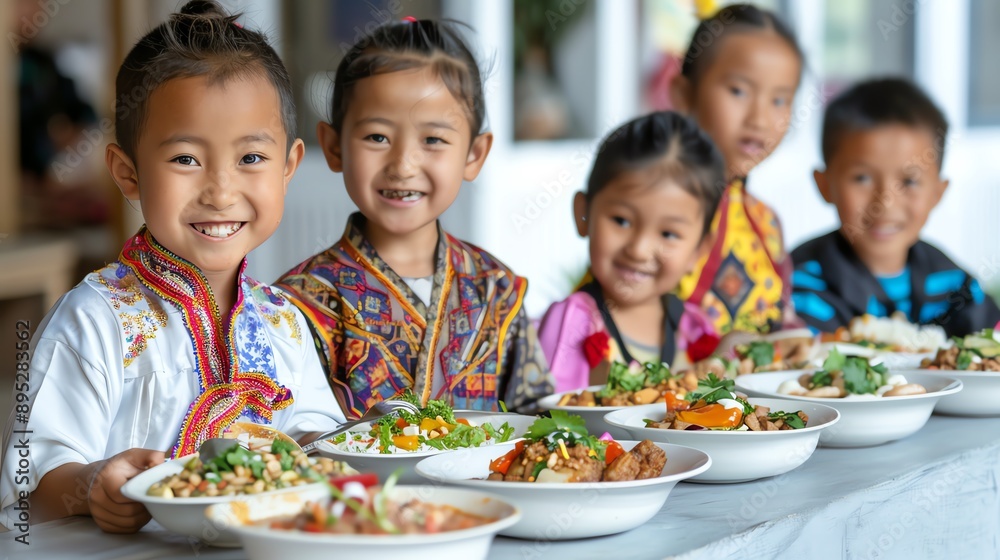 School-age kids in traditional garments, savoring cultural cuisine School-age kids in traditional garments, savoring cultural cuisine