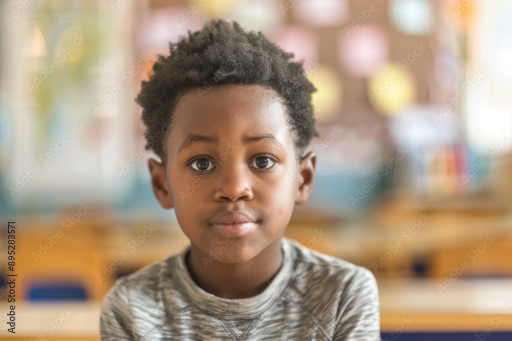 Cute little boy in blurred classroom looking at camera Cute little boy in blurred classroom looking at camera