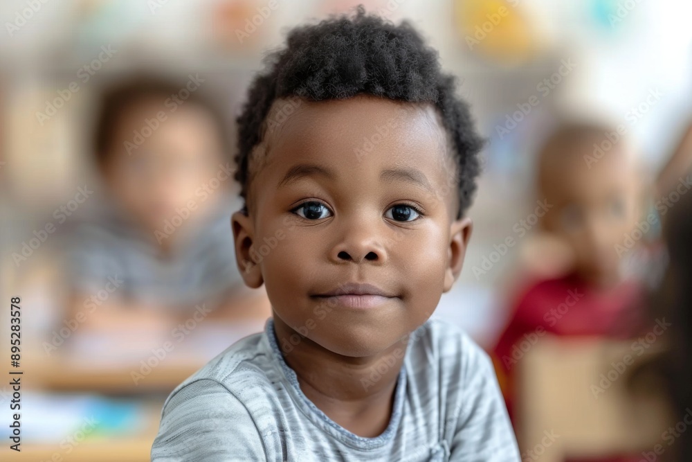 Cute little boy in blurred classroom looking at camera Cute little boy in blurred classroom looking at camera