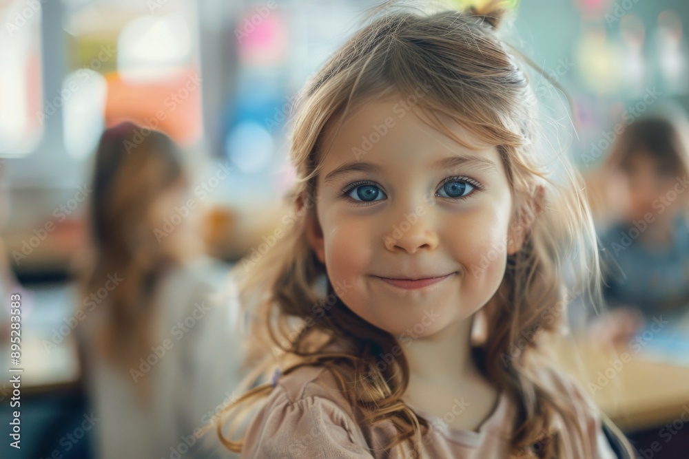 Cute little girl in blurred classroom looking at camera