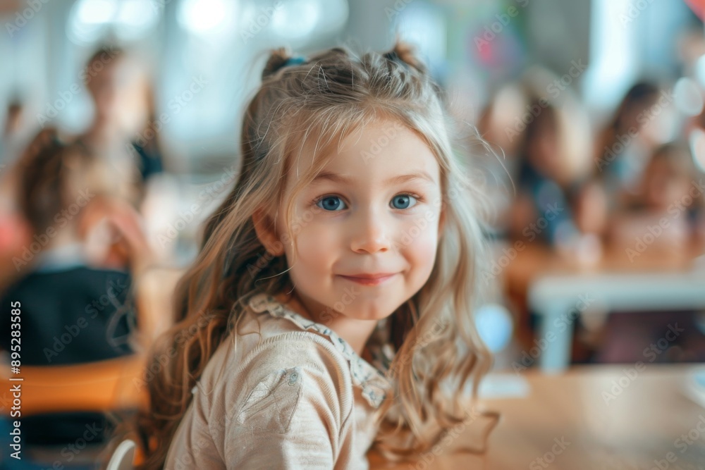 Cute little girl in blurred classroom looking at camera Cute little girl in blurred classroom looking at camera