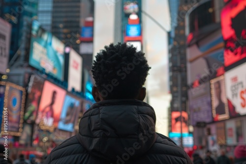 View of a young man facing away in blurred times square