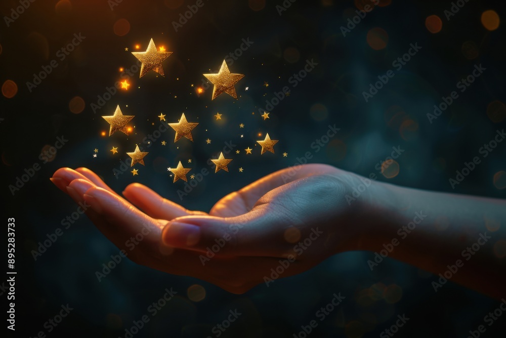  Star rating icons floating above satisfied client, with copy space