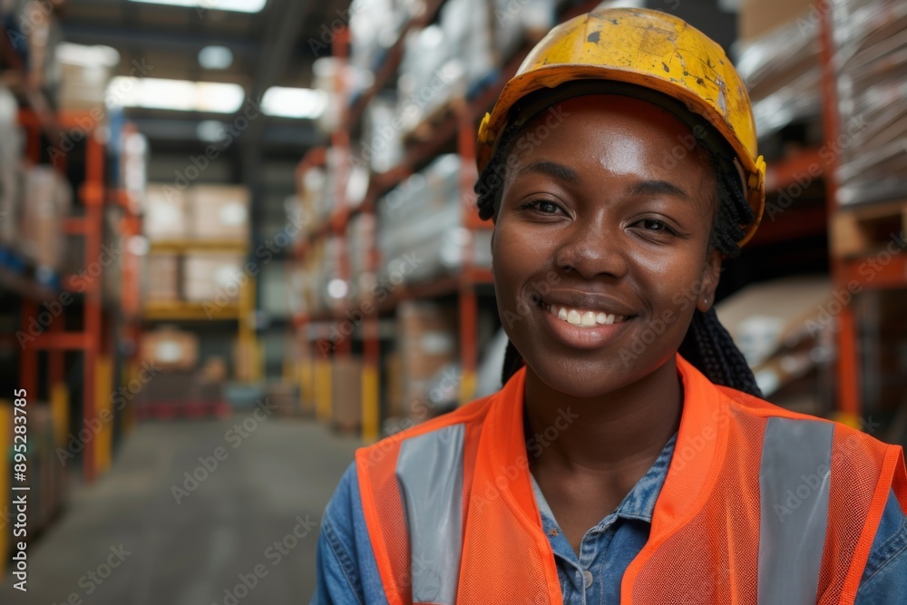 Portrait of a smiling young adult woman in warehouse Portrait of a smiling young adult woman in warehouse