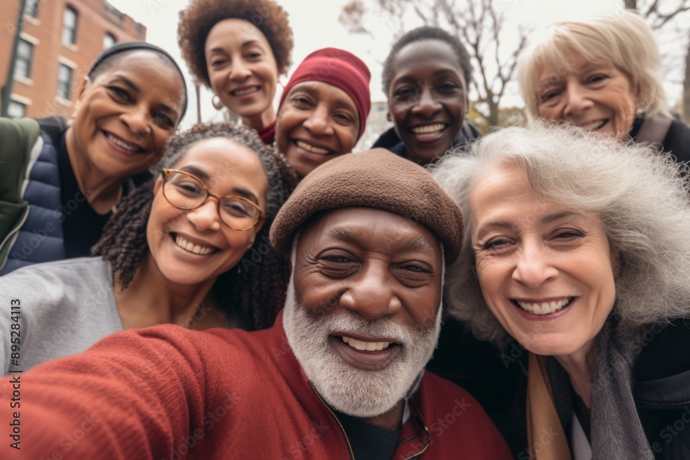 Diverse group of seniors taking a selfie together outdoors Diverse group of seniors taking a selfie together outdoors