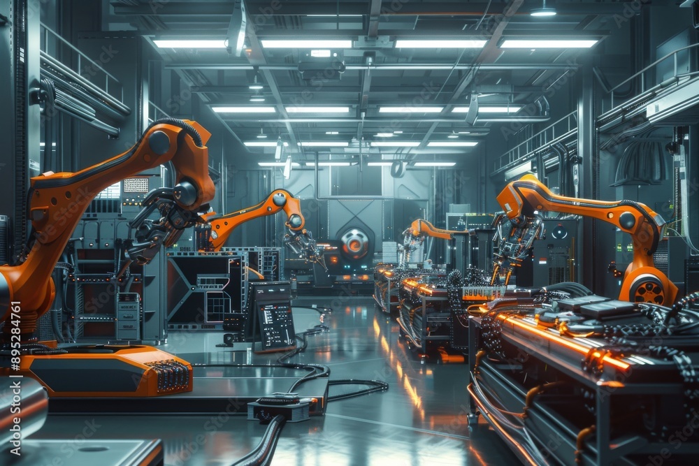 Interior of a modern factory with robotic arms Interior of a modern factory with robotic arms