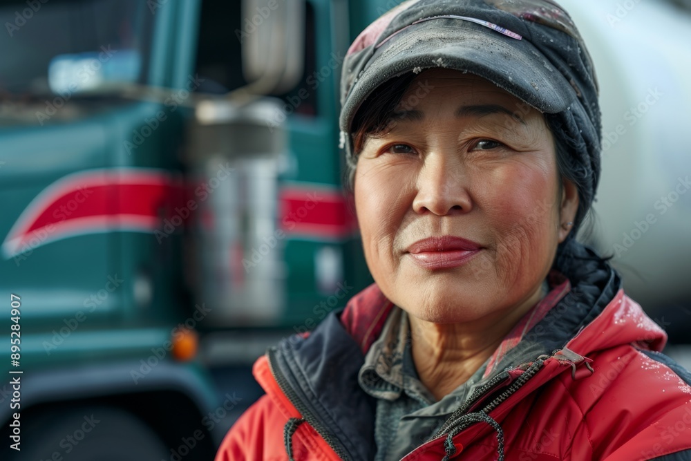 Portrait of a middle aged Asian female truck driver Portrait of a middle aged Asian female truck driver