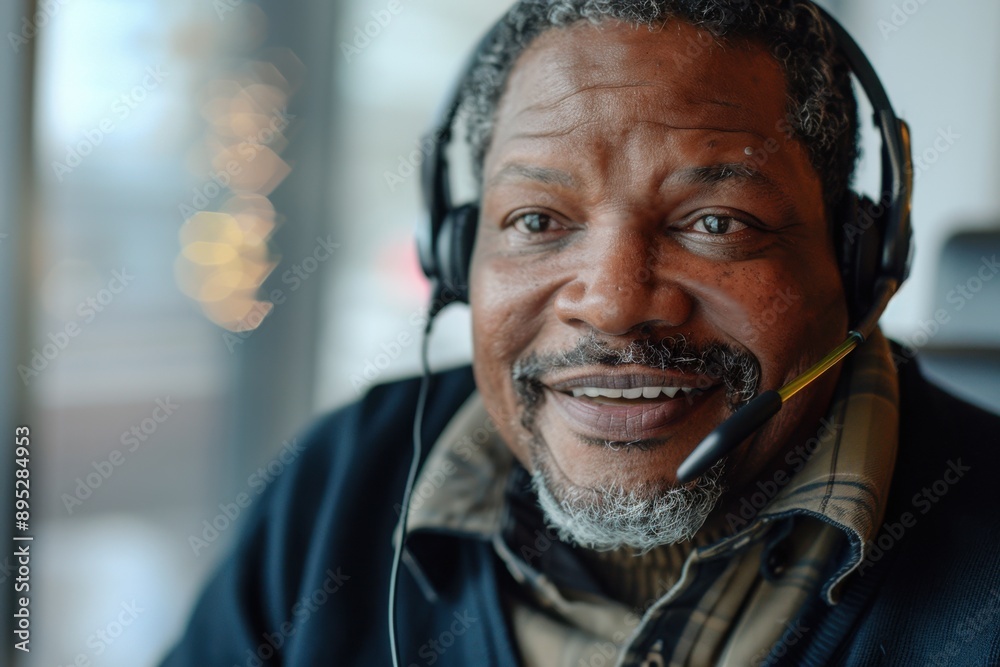 Customer service representative smiling while on headset, with copy space Customer service representative smiling while on headset, with copy space