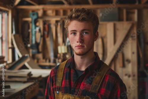 Portrait of a young Caucasian male carpenter in workshop