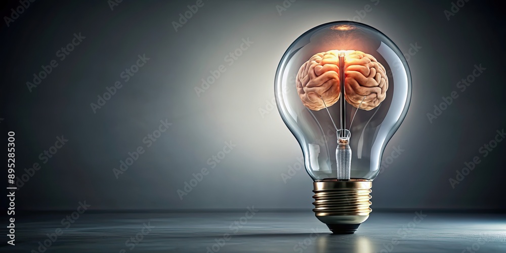 Human brain inside a light bulb on a grey background, innovation, creativity, intelligence, idea, think, brainstorm Human brain inside a light bulb on a grey background, innovation, creativity, intelligence, idea, think, brainstorm