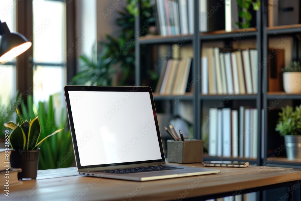 Laptop on home office desk with blank screen Laptop on home office desk with blank screen