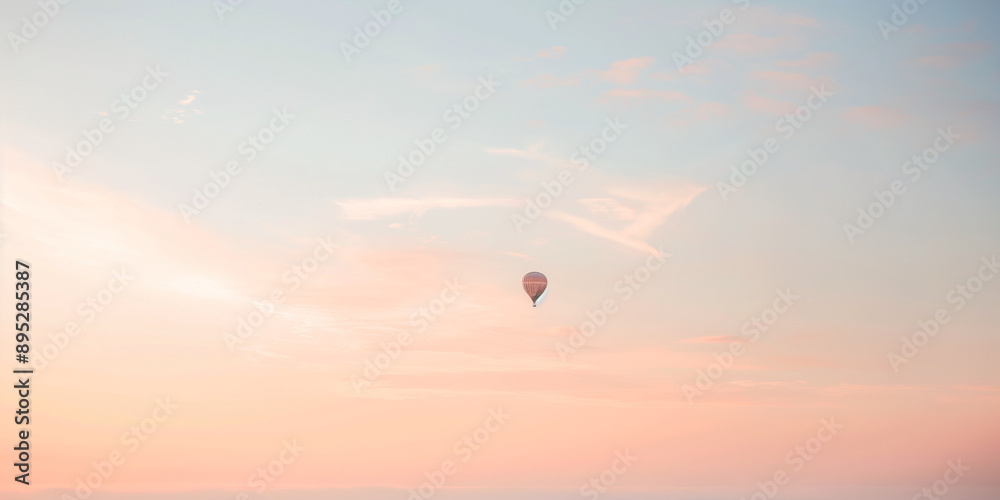 A dreamy photo of a morning sky with a distant hot air balloon in the distance A dreamy photo of a morning sky with a distant hot air balloon in the distance