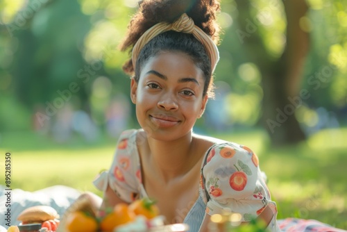 Portrait of a young black woman at a picnic in the park