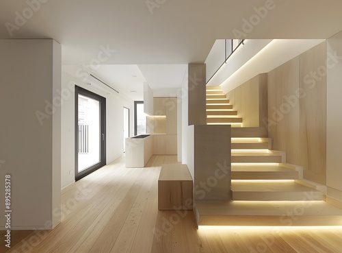 Modern Wooden Staircase with LED Lights in Minimalist Home Interior © Adobe Contributor