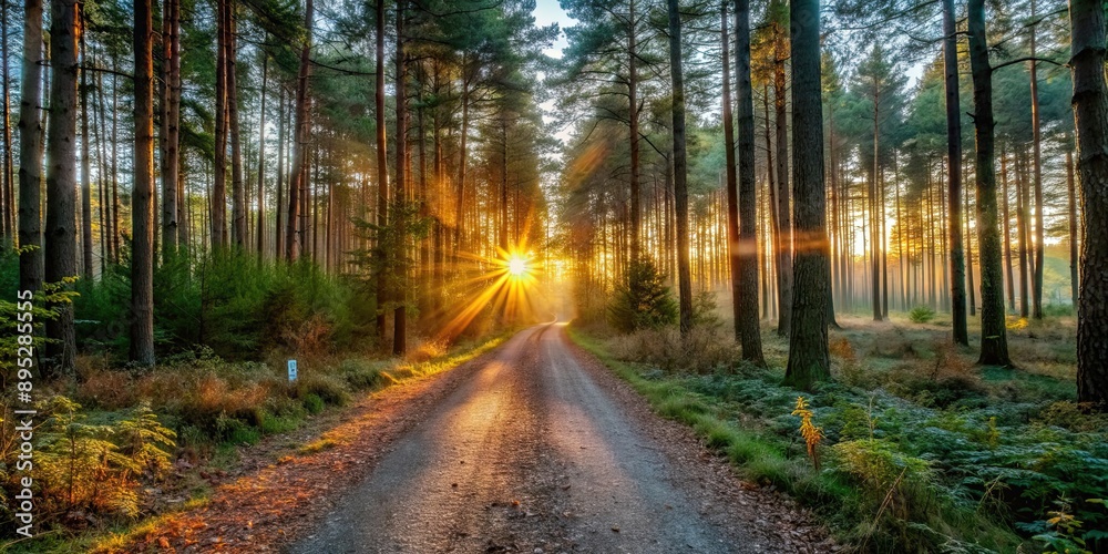 Fototapeta premium A beautiful sunrise illuminating a path through a tranquil forest , sunrise, path, forest, nature, tranquility, bright