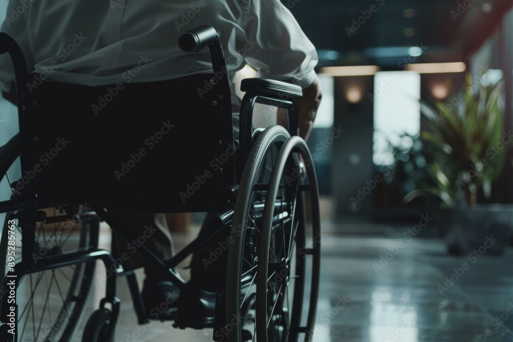 Close up of a person on wheelchair in a office Close up of a person on wheelchair in a office