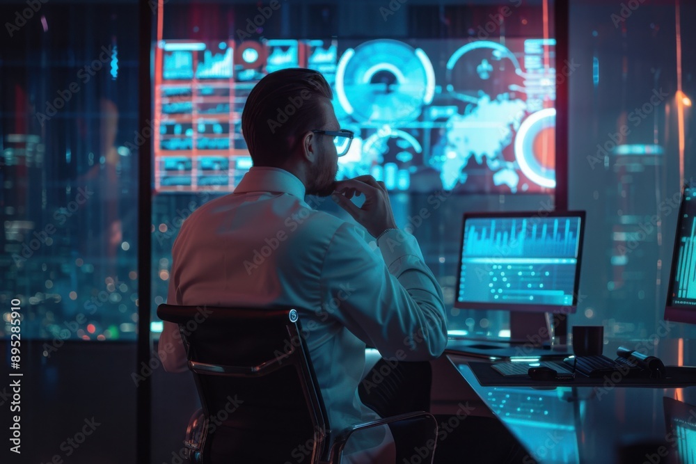 Executive analyzing data on holographic screens, in a futuristic office, with copy space Executive analyzing data on holographic screens, in a futuristic office, with copy space