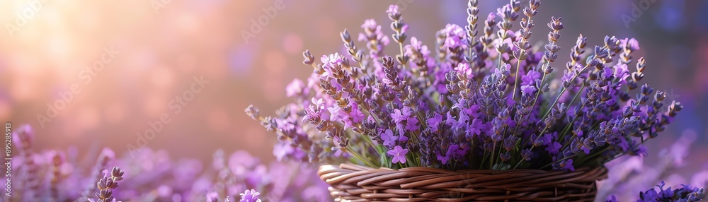 Basket filled with fresh lavender, purple background, serene and aromatic Basket filled with fresh lavender, purple background, serene and aromatic