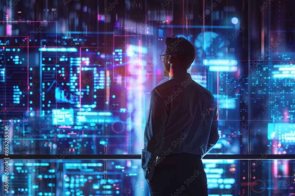 Executive analyzing data on holographic screens, in a futuristic office, with copy space Executive analyzing data on holographic screens, in a futuristic office, with copy space